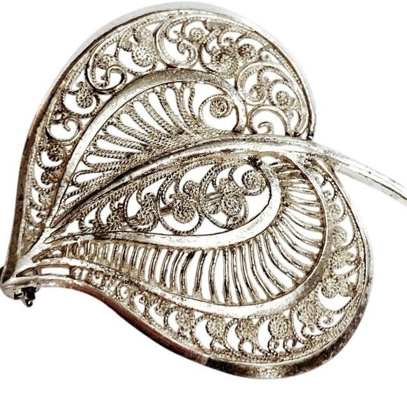 VTG Mid Century 935 Silver Sterling Filigree Leaf Heart Brooch Portugal Italy - Picture 1 of 10